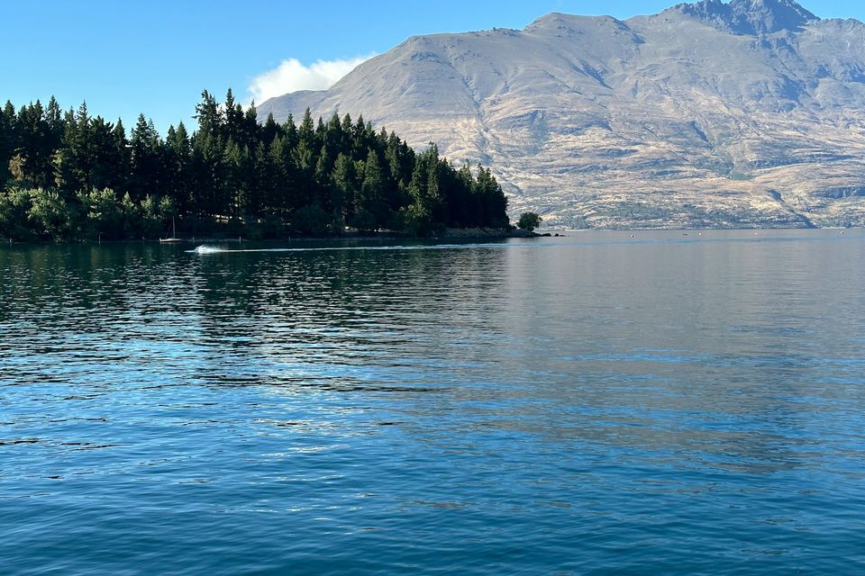 Calm lake water, a forested point and a bare mountain range under a pale sky