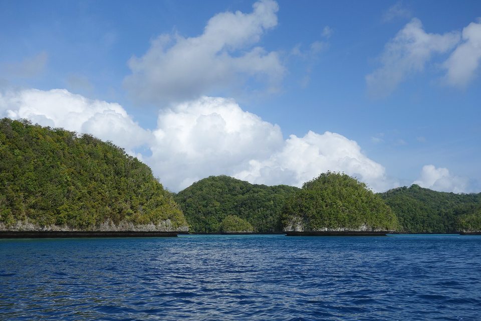 Low forested limestone islands under a blue sky with large white clouds, dark water in the foreground, the islands undercut at the waterline