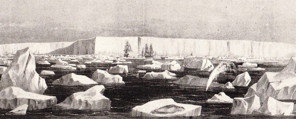 A black-and-white engraving of a long flat-topped wall of ice across the horizon, two small sailing ships beneath it and a sea crowded with broken ice in front