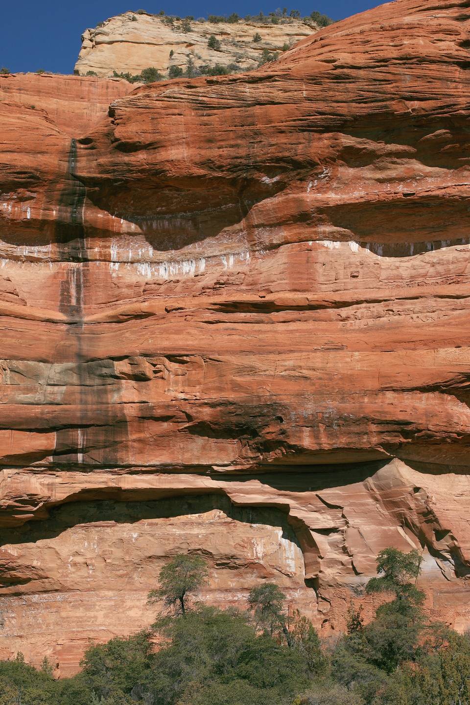A towering red sandstone cliff in layered bands, with the small stone walls of old dwellings tucked into its base among trees