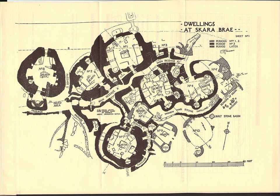 A plan of rounded stone houses numbered 1 to 10, joined by passages, drawn in black on cream paper