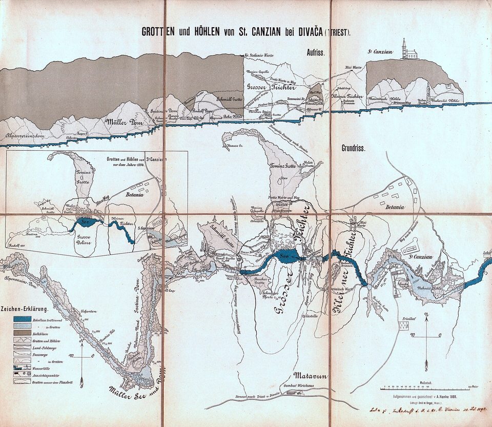 A plan and section of a winding cave system drawn in fine lines