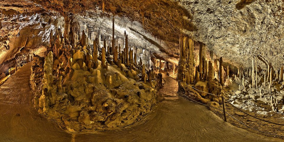 A lit walkway winding between pale stalagmites in a dark cave hall