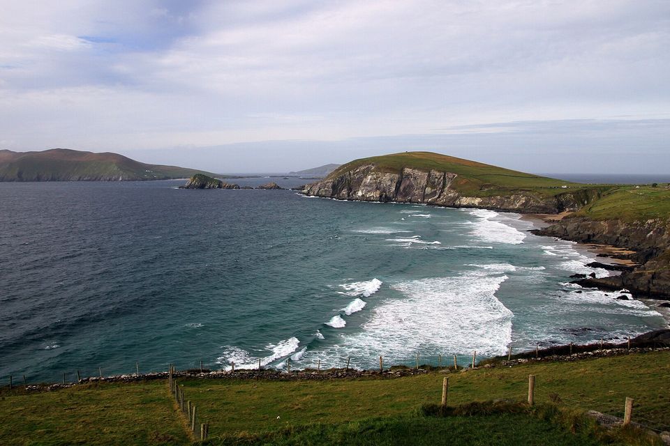 Surf rolling into a sandy cove below a green headland with dark cliffs, a long hilly island across grey-blue water, a fence and pasture in the foreground