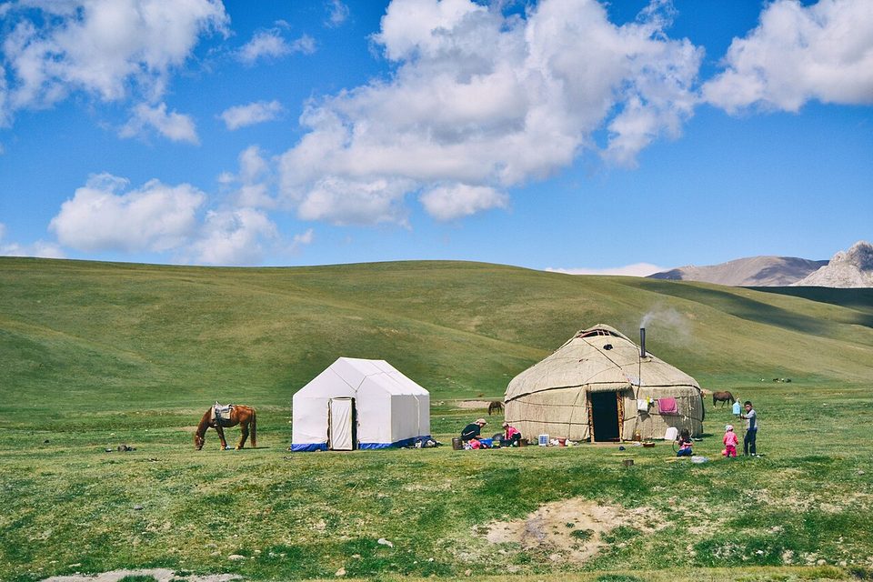 A yurt camp and a saddled horse on summer grass, people small at their work