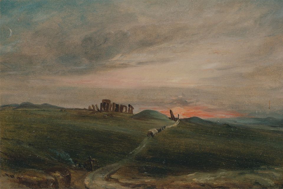 An oil painting of a low ring of stones on a distant rise under a dark, heavy sky with a band of red-orange at the horizon, a rutted track curving through dark green grass in the foreground