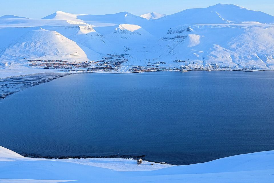 A small town strung along a fjord shore under smooth snow mountains, dark blue water in front, evening light