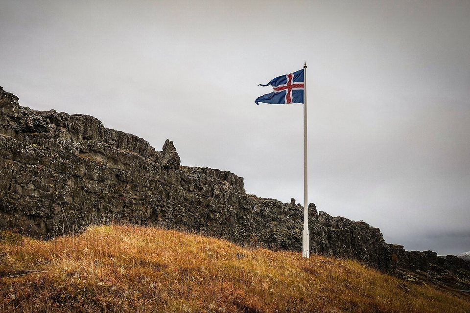 The Icelandic flag on a white pole in front of a long dark basalt wall, autumn grass in the foreground under a grey sky