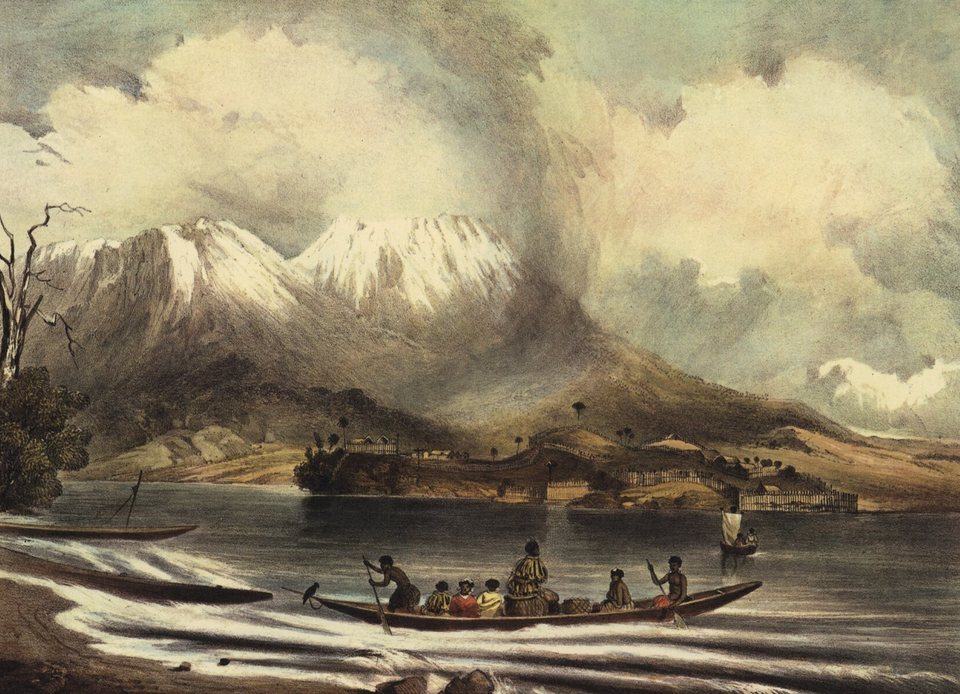 A hand-coloured lithograph of snow-capped mountains above a lake, a palisaded village on the far shore and people paddling a canoe in the foreground