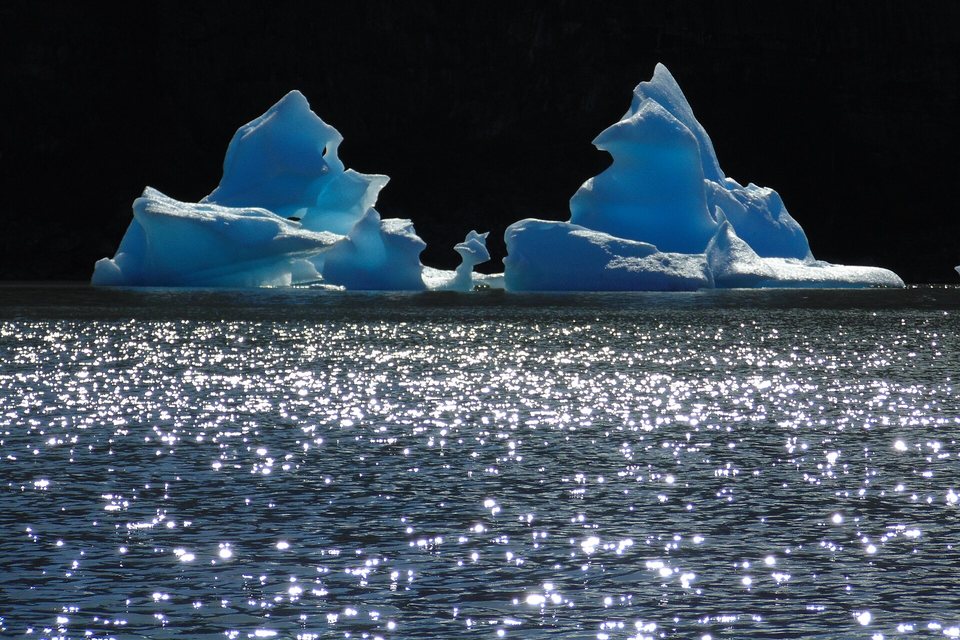 Two sculpted, glowing blue icebergs floating on dark water that sparkles with sunlight, a black cliff behind
