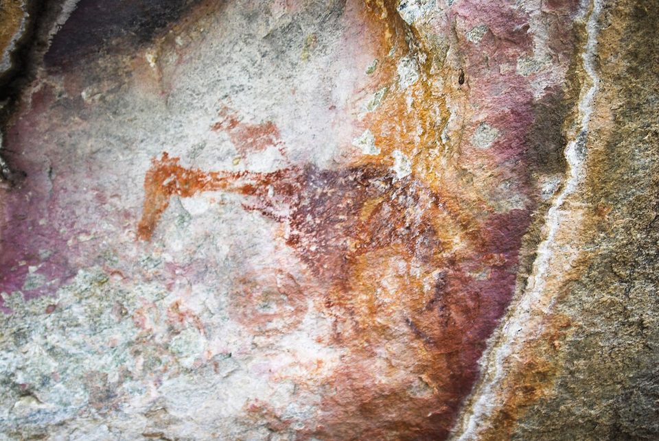 A long-necked giraffe painted in red ochre under a rock overhang
