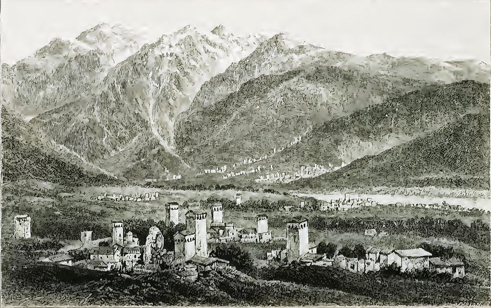 A black-and-white engraving of clustered stone towers on a valley floor beneath steep snowy mountains