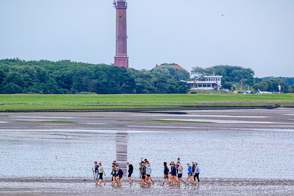 A line of small, distant walkers crossing a wide flat seabed below a lighthouse on the shore