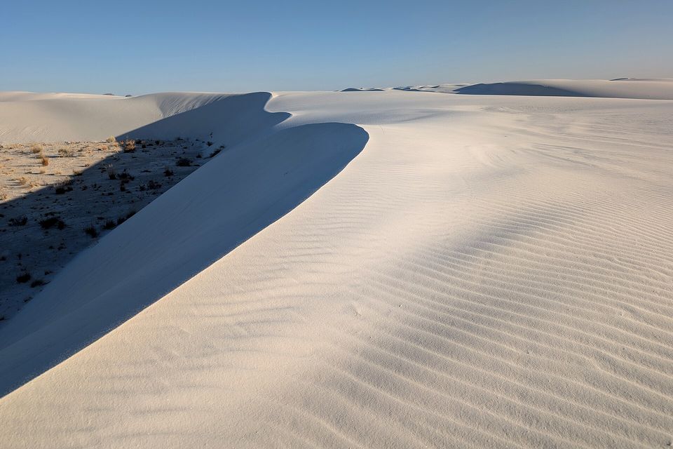 A single curving dune crest throws a sharp blue shadow across the white sand, the dunefield flat to the horizon