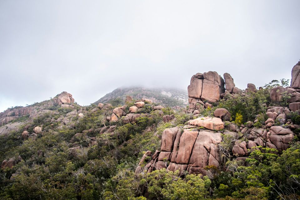 Stacked pink granite boulders among scrub, a summit in mist behind