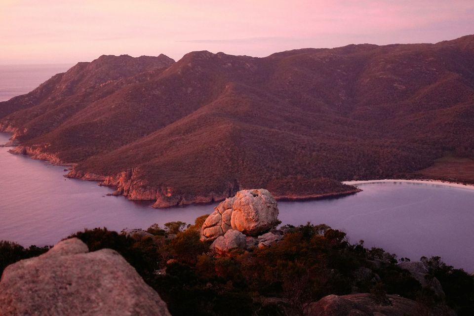 A bay in pink dawn light beyond a lichen-crusted granite tor
