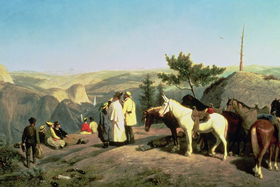 An oil painting of visitors and saddled horses on a rocky clifftop, looking out over a hazy valley with a thin waterfall and a rounded granite dome far below, under a pale blue sky