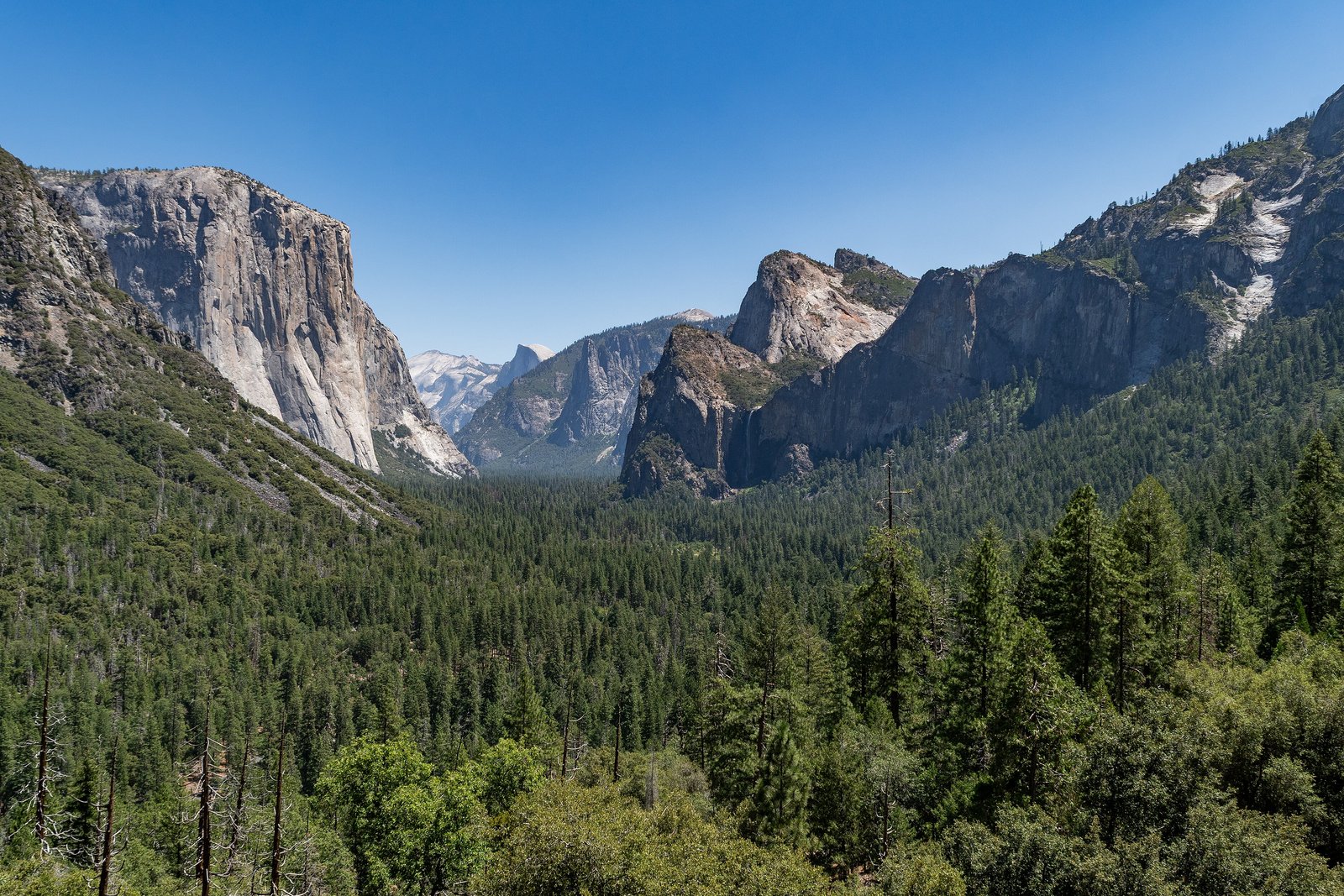 A green forested valley between a huge pale granite cliff at the left and rounded rock buttresses at the right, a distant pale dome at the centre under a clear blue sky