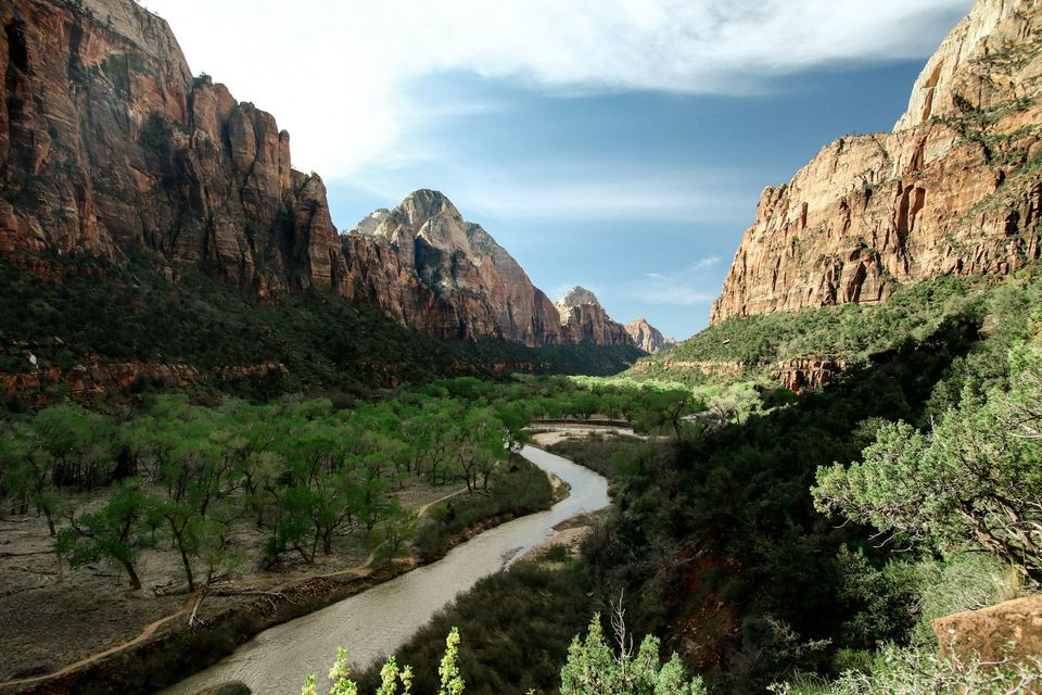 A green river valley between tall red sandstone walls, a pale river winding through trees toward distant peaks under blue sky and cloud